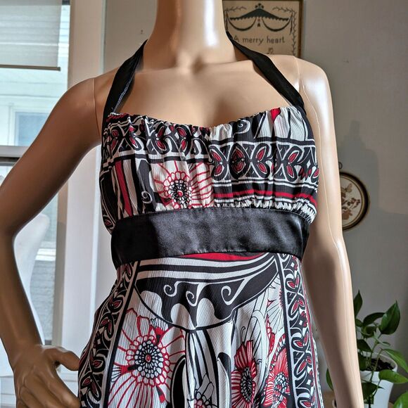 Vintage Y2K Trixxi Halter Dress Red Handkerchief Floral Whimsigoth Jrs Size 5 - Picture 5 of 10